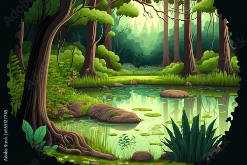 Summer natural scene with tree trunks and a pond or swamp on a cartoon woodland backdrop. amazing landscape view deep woods with plants lianas green grass and rocks Generative AI photo