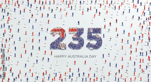 Happy Australia Day Design. A large group of people form to create the number 235 as Australia celebrates its 235th Australia Day on the 26th of January.