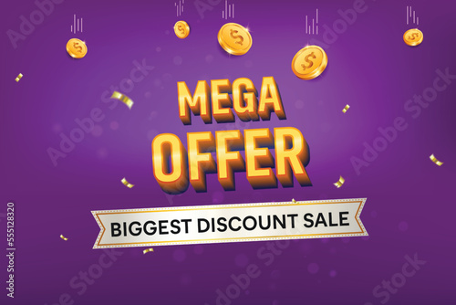 Mega Offer Sale 3D text on purple background Big Sale. Raining gold credit coins. Biggest discount sale credit concept.