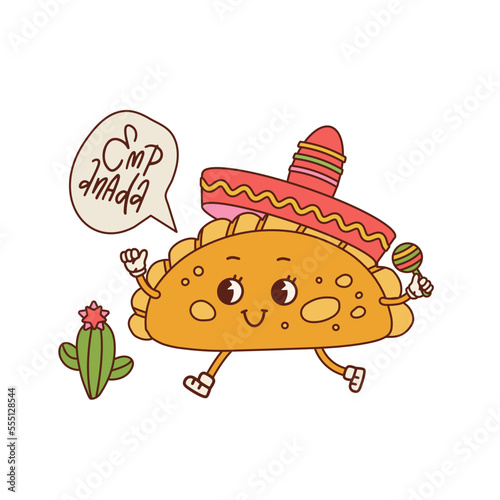 Empanadas retro cartoon mascot in sombrero hat. Food character vector illustration isolated on a white background
