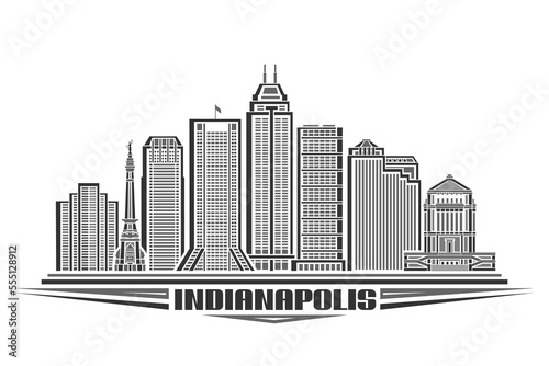 Vector illustration of Indianapolis, monochrome horizontal poster with linear design indianapolis city scape, urban line art concept with decorative lettering for text indianapolis on white background