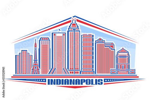 Vector illustration of Indianapolis, horizontal badge with linear design famous indianapolis city scape on day sky background, red urban line art concept with unique letters for blue text indianapolis