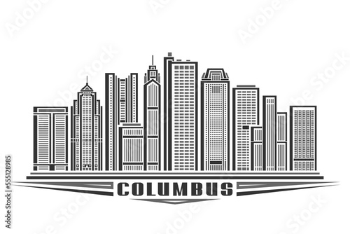 Vector illustration of Columbus, monochrome horizontal sign with linear design famous columbus city scape, american urban line art concept with decorative letters for text columbus on white background