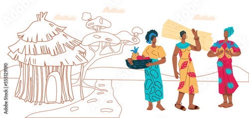 African country women in village with huts with thatched roofs, flat hand drawn vector illustration isolated on white. African village and women in ethnic clothes for travel and vacation topics.