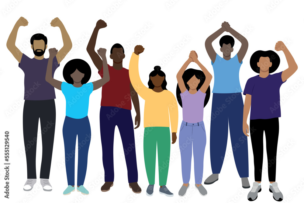 Group of young black people with hands raised up, protest against discrimination, flat vector, isolate on white, black history month Group of young black people with hands raised up, protest against discrimination, flat vector, isolate on white, black history month