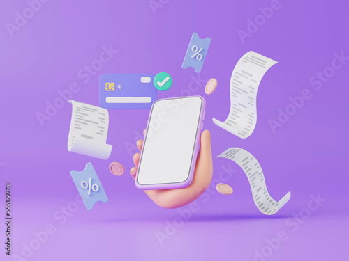 Fotografiet 3D cartoon hand holding smartphone with bill payment, business finance and onlin