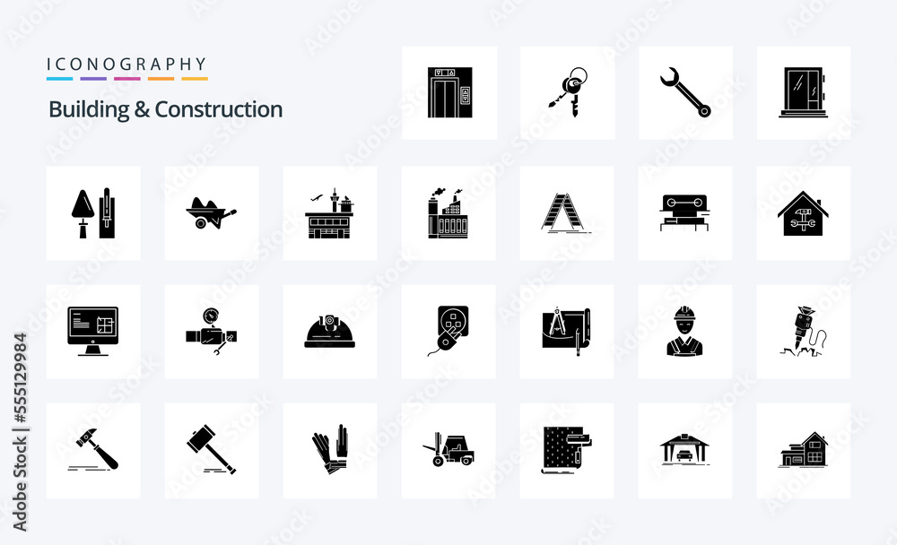 25 Building And Construction Solid Glyph icon pack. Vector icons illustration