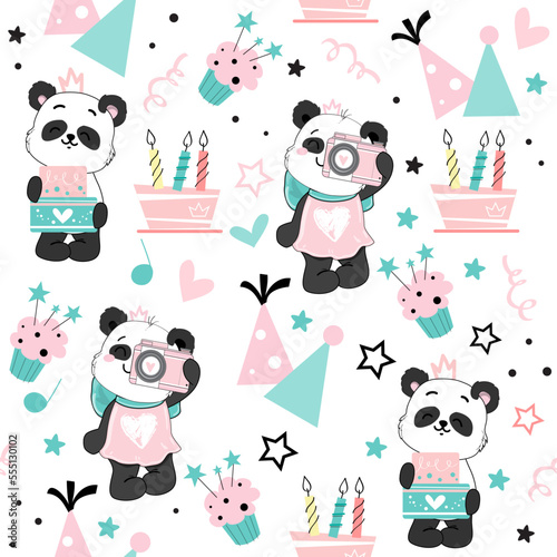 Cute baby pandas in kawaii doodle style. Happy Birthday concept. Vector cartoon illustration seamless pattern on a white background