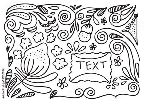 Wreath illustration made of flowers and herbs.doodle frames and branches.