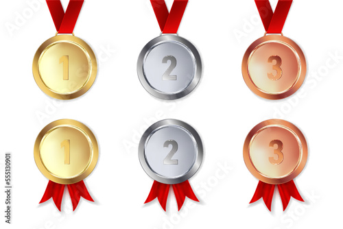 Set of gold, silver and bronze medal with red ribbon, isolated on white.