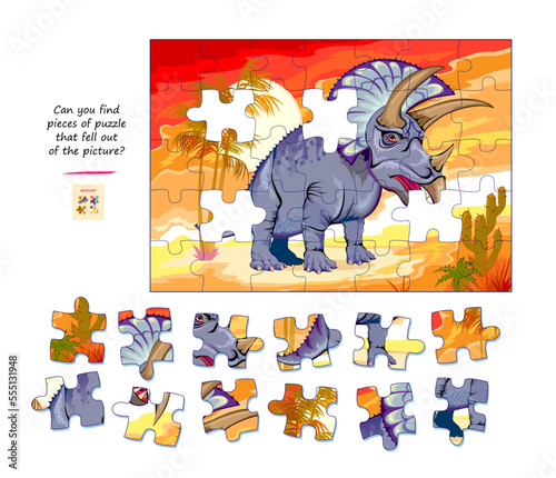 Logic game for children and adults. Find pieces of puzzle that fell out of picture. Page for kids brain teaser book. Task for attentiveness. Developing spatial thinking. Play online. Vector image.