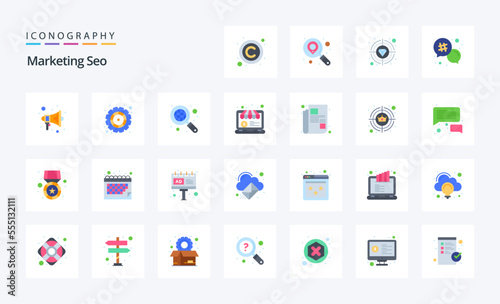 25 Marketing Seo Flat color icon pack. Vector icons illustration