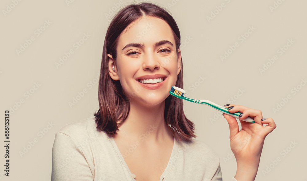 Dental health background. Close up of perfect and healthy teeth with toothbrush Dental health background. Close up of perfect and healthy teeth with toothbrush