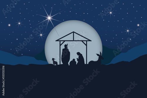 Christmas Manger Scene Vector Illustration - Dark Blue Background