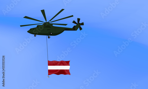 Helicopter flies with the flag of Latvia, the flag of Latvia in the sky. National holiday. vector illustration eps10