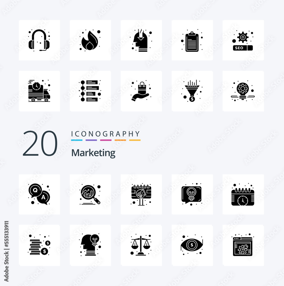 20 Marketing Solid Glyph icon Pack like schedule calendar advertising talk discussion