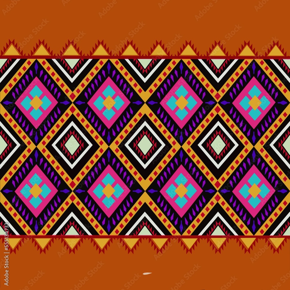 Beautiful colorful Thai knitted embroidery. geometric ethnic oriental pattern traditional on black background, Thai pattern culture with clipping path,