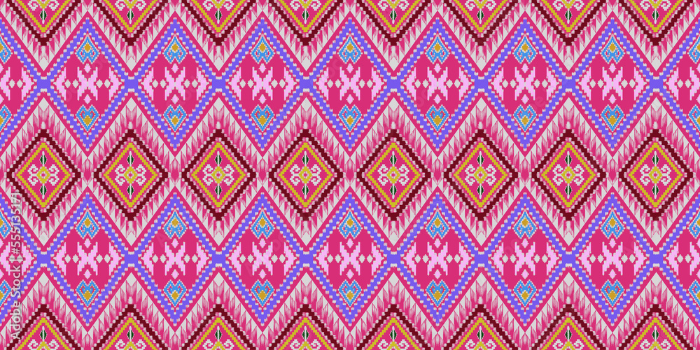 Beautiful colorful Thai knitted embroidery. geometric ethnic oriental pattern traditional on black background, Thai pattern culture with clipping path, pink style