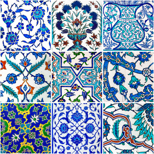 Set of antique Ottoman Iznik wall tiles with flowers pattern. photo