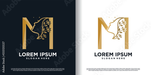 letter m logo icon with beauty women concept premium vector
