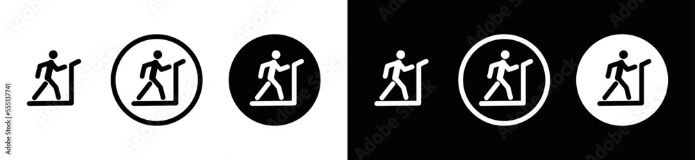 Running on treadmill icon vector. Man running on treadmill sports icon. Simple person easy run on treadmill sign in black and white circle for sports app and websites, symbol illustration Running on treadmill icon vector. Man running on treadmill sports icon. Simple person easy run on treadmill sign in black and white circle for sports app and websites, symbol illustration