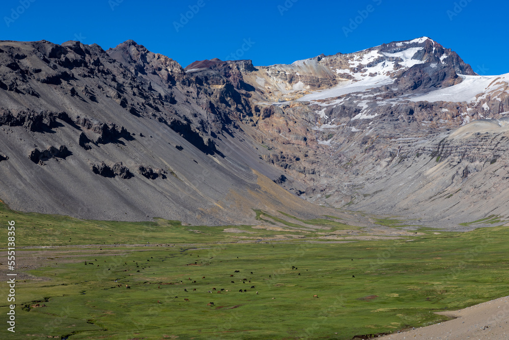 View of the landscape at Paso Vergara / Paso del Planchón in Argentina while climbing up to the complex of the three volcanos Azufre, Peteroa and Planchón 