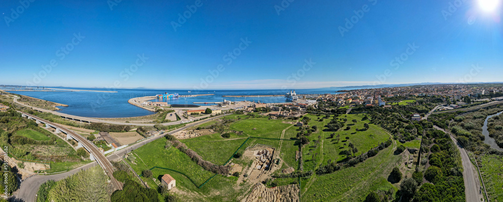 Drone view at the roman archaeological site of Porto Torres on Sardinia, Italy