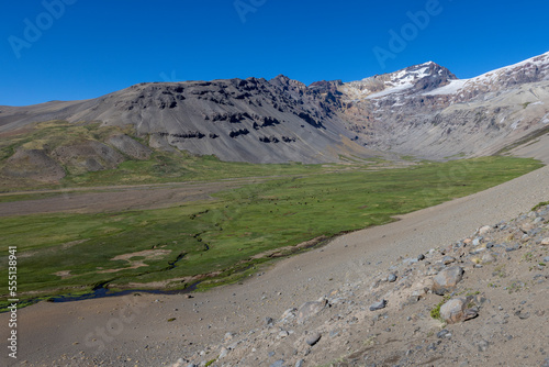 View of the landscape at Paso Vergara / Paso del Planchón in Argentina while climbing up to the complex of the three volcanos Azufre, Peteroa and Planchón 