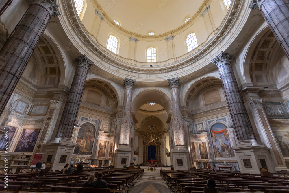 OROPA, ITALY, OCTOBER 30, 2022 - View of the inner of Oropa Sanctuary, marian sanctuary dedicated to the Black Madonna, Biella province, Piedmont, Italy