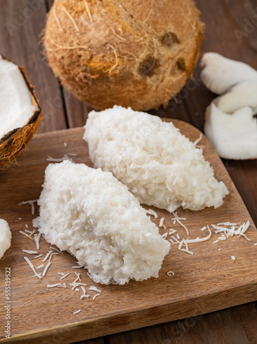 Cocada, traditional latin american coconut candy with grated coconut