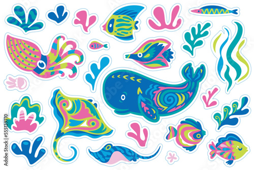 Sticker set of hand drawn sea animals in decorative ethnic style