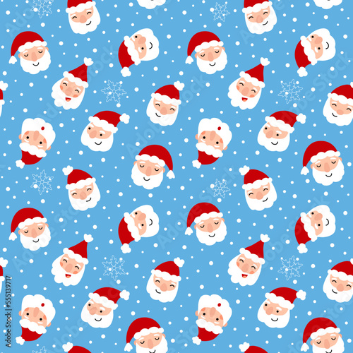 Funny Christmas pattern with Santa Claus heads and snowflakes. Cute seamless vector print for kids textile, wrapping paper