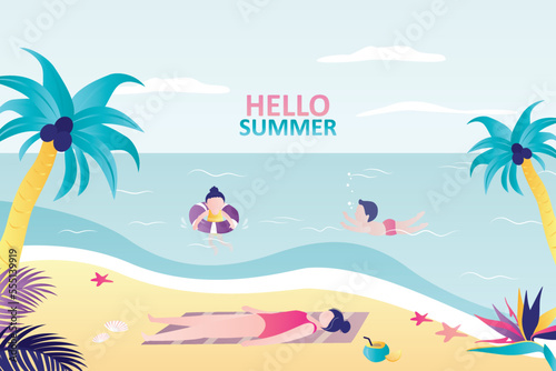 Hello summer, horizontal banner. Happy kids swims in sea, mom sunbathing. View of the tropical beach. Family vacation. Summertime, hot exotic resort with palm trees, sand and ocean.