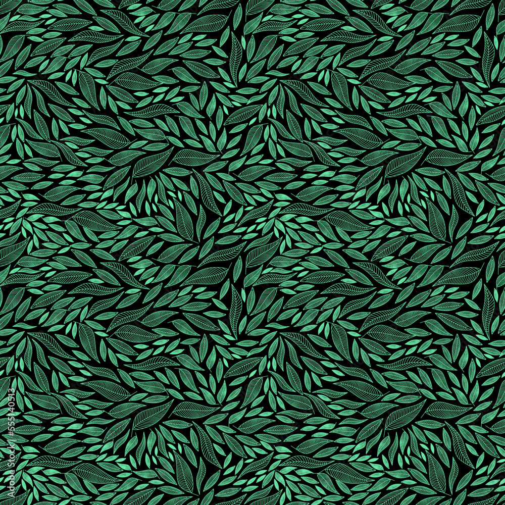Vector illustration. Seamless pattern of green leaves on a black background. Print for textiles, for packaging, product design.