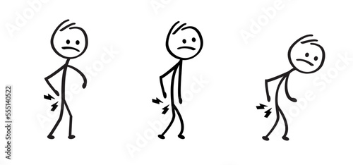 Medical complaints, body part pain. Cartoon stickman, stick figure man holding his back hurt icon. Backache symptom symbol. back medical back pain concept. human, rheumatism, chronic back pain