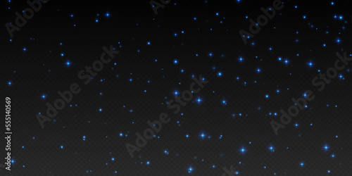 Blue stars and sparkles, glowing stardust, night sky effect. Transparent bright magic shimmer. Vector illustration.