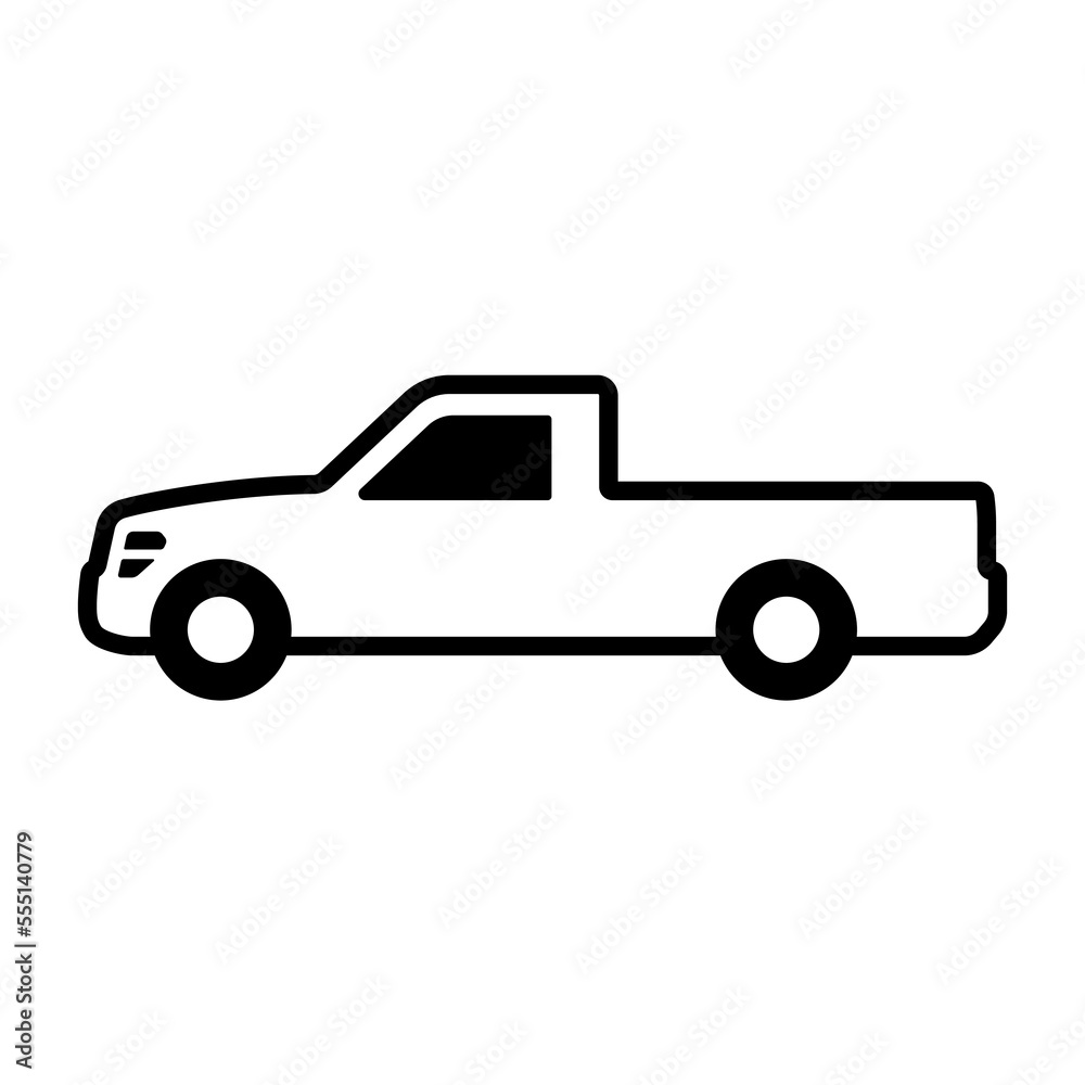 Pickup truck icon. Black contour linear silhouette. Side view. Editable strokes. Vector simple flat graphic illustration. Isolated object on a white background. Isolate.