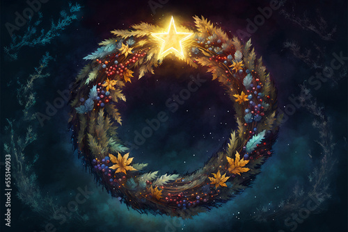 Winter Wreath at Night with Shining Star Holiday Greeting Card Style Painting, winter solstice  Generative AI © Kelly Cree