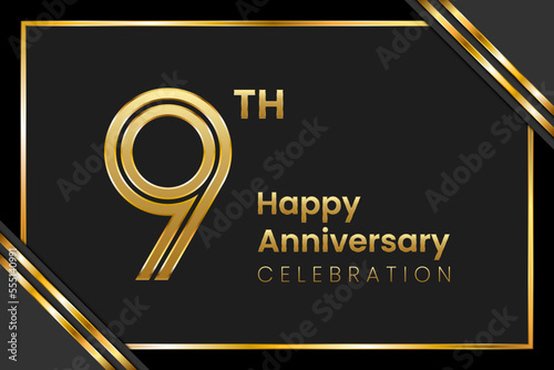 9th Anniversary. Anniversary Template Design With Golden Text, Vector Template Illustration