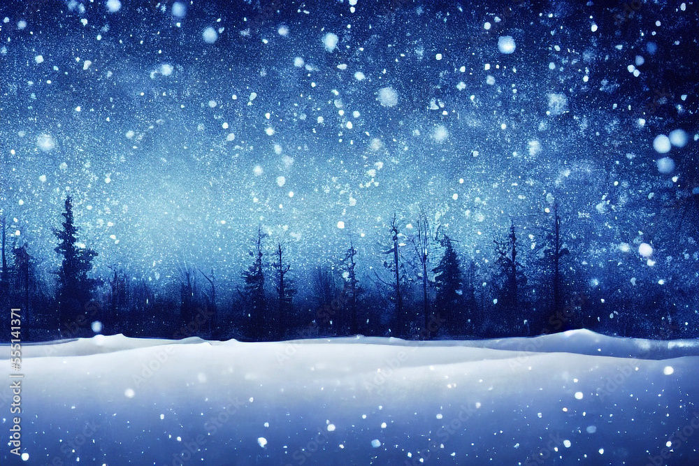 Fototapeta premium winter landscape with snow and trees, snowfall, snowy, starry blue sky 