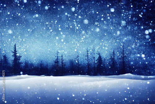 winter landscape with snow and trees, snowfall, snowy, starry blue sky  © Alice