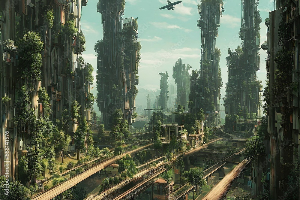 ภาพประกอบสต็อก dystopian concept art of a futuristic city landscape in ...