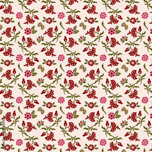 Seamless floral pattern with organic shapes in shades of red and green on a beige background.