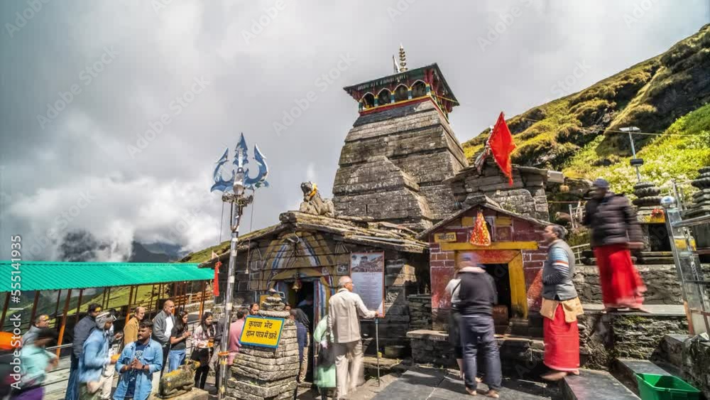 Tungnath Lord Shiva temple with low clouds, time lapse hyperlapse, Himalaya, India, Uttarakhand 4k