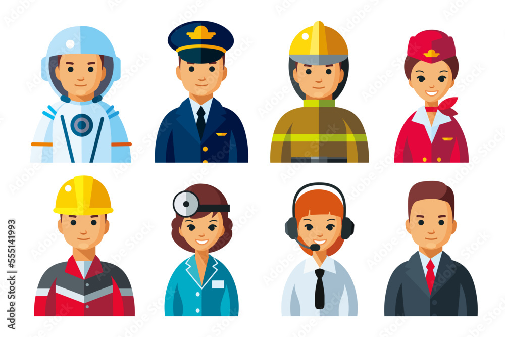 Vector set of different professions man and woman. Men and women cartoon characters in uniform isolated. Occupations avatars, icons flat illustration. Vector set of different professions man and woman. Men and women cartoon characters in uniform isolated. Occupations avatars, icons flat illustration.