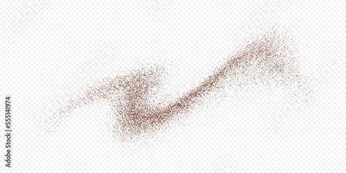 Flying coffee or chocolate powder, dust particles in motion, ground splash isolated on light background. Vector illustration.