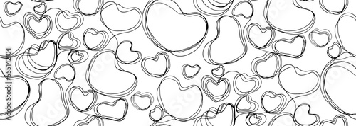 Seamless abstract hand-drawn pattern on white. Doodle linear hearts. Vector illustration in sketch style. Cute endless texture for kids design, Valentine's Day decor, wallpaper, wrapper or fabrics. 