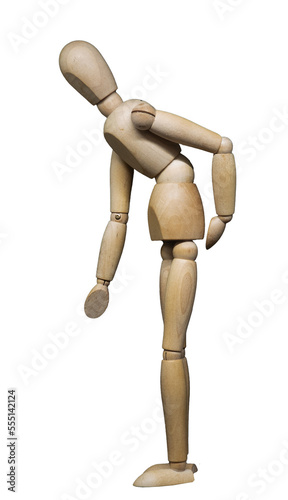 Jointed wooden figure posed as if bent forward in pain with one hand on back or hip