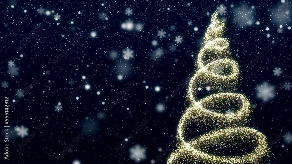 This stock motion graphics shows a Christmas tree made of golden particles, snowflakes on a dark blue background. This background will decorate your projects related to the New year, Christmas, winter