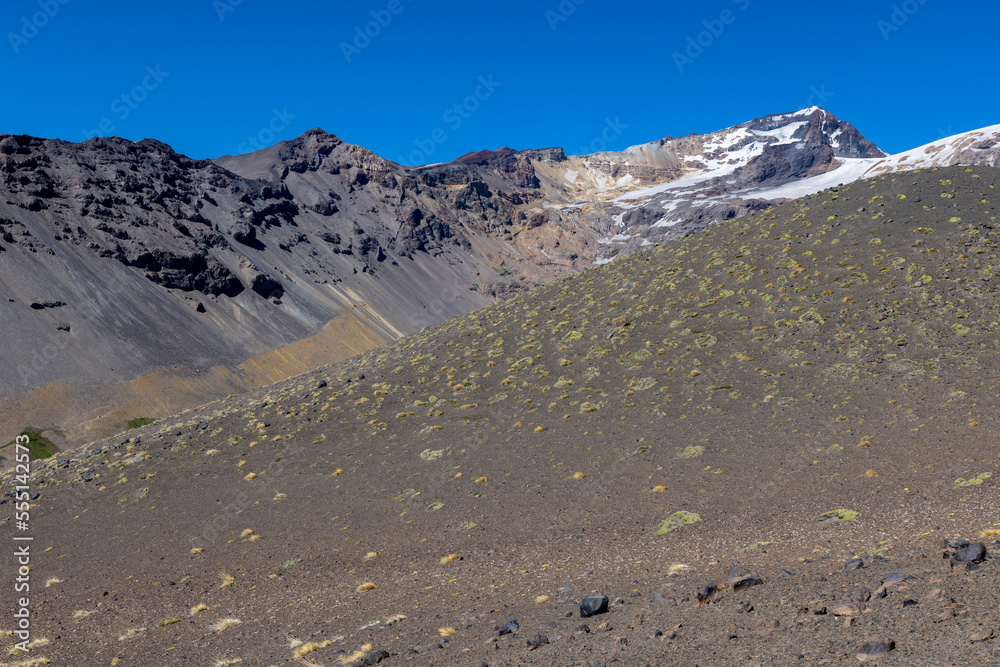 
View of the breathtaking landscape at Paso Vergara / Paso del Planchón in Argentina while climbing up to the complex of the three volcanos Azufre, Peteroa and Planchón 